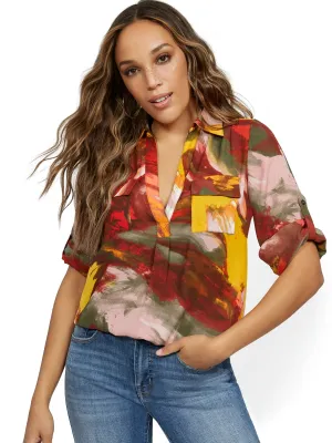 Hazy Tab-Sleeve Split-Neck Top