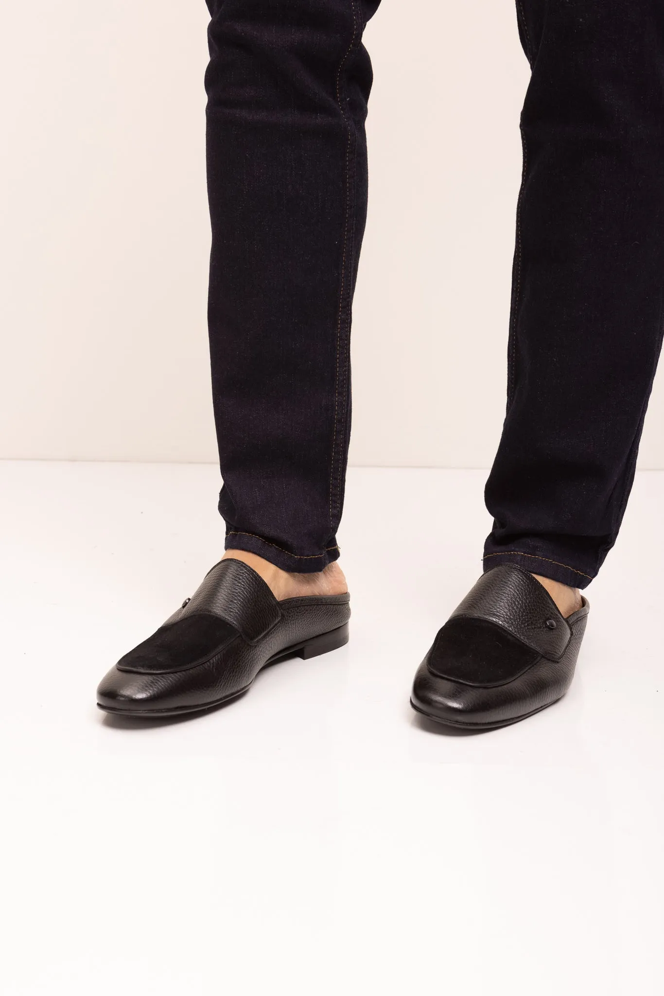 Leather Suede Mules -Black
