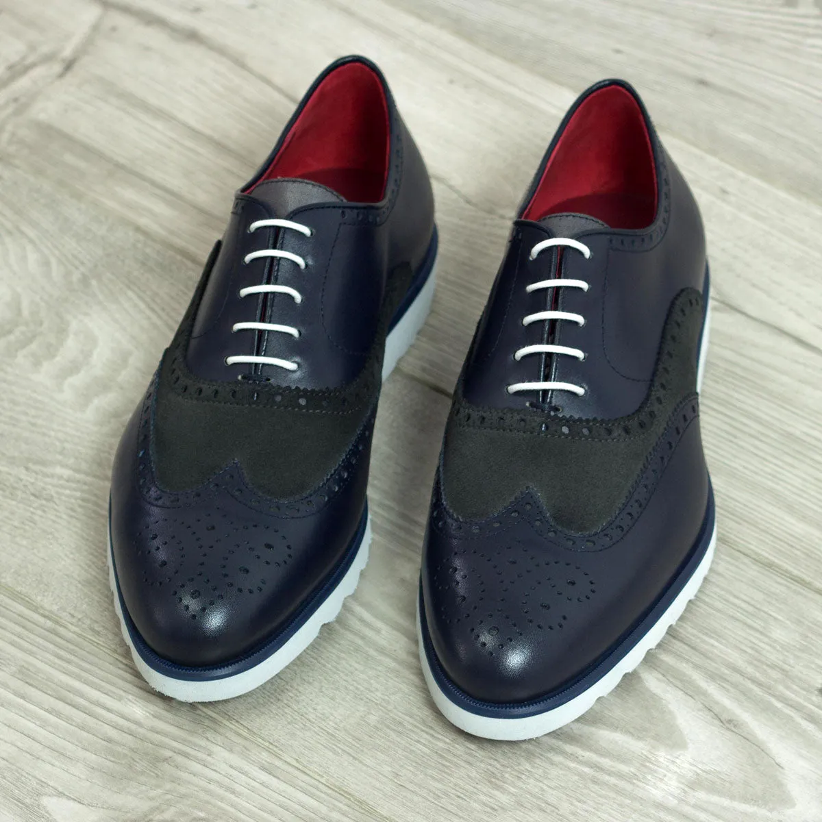 Men's Full Brogue Leather Shoes Wide Plus Size Blue Grey 1984
