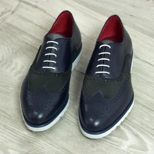 Men's Full Brogue Leather Shoes Wide Plus Size Blue Grey 1984
