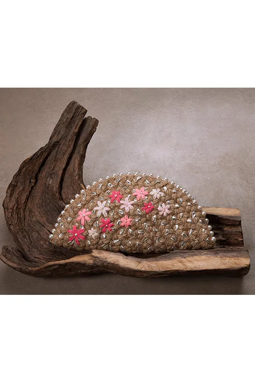 Pink Blossom Half Moon Clutch in Silver