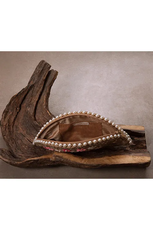 Pink Blossom Half Moon Clutch in Silver