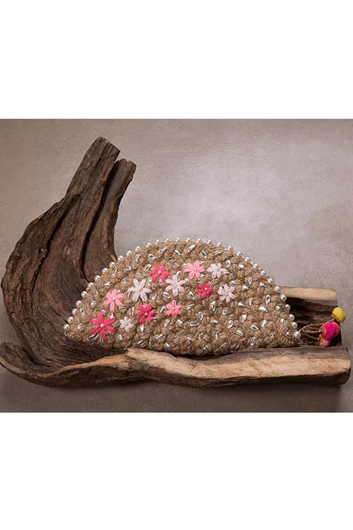Pink Blossom Half Moon Clutch in Silver