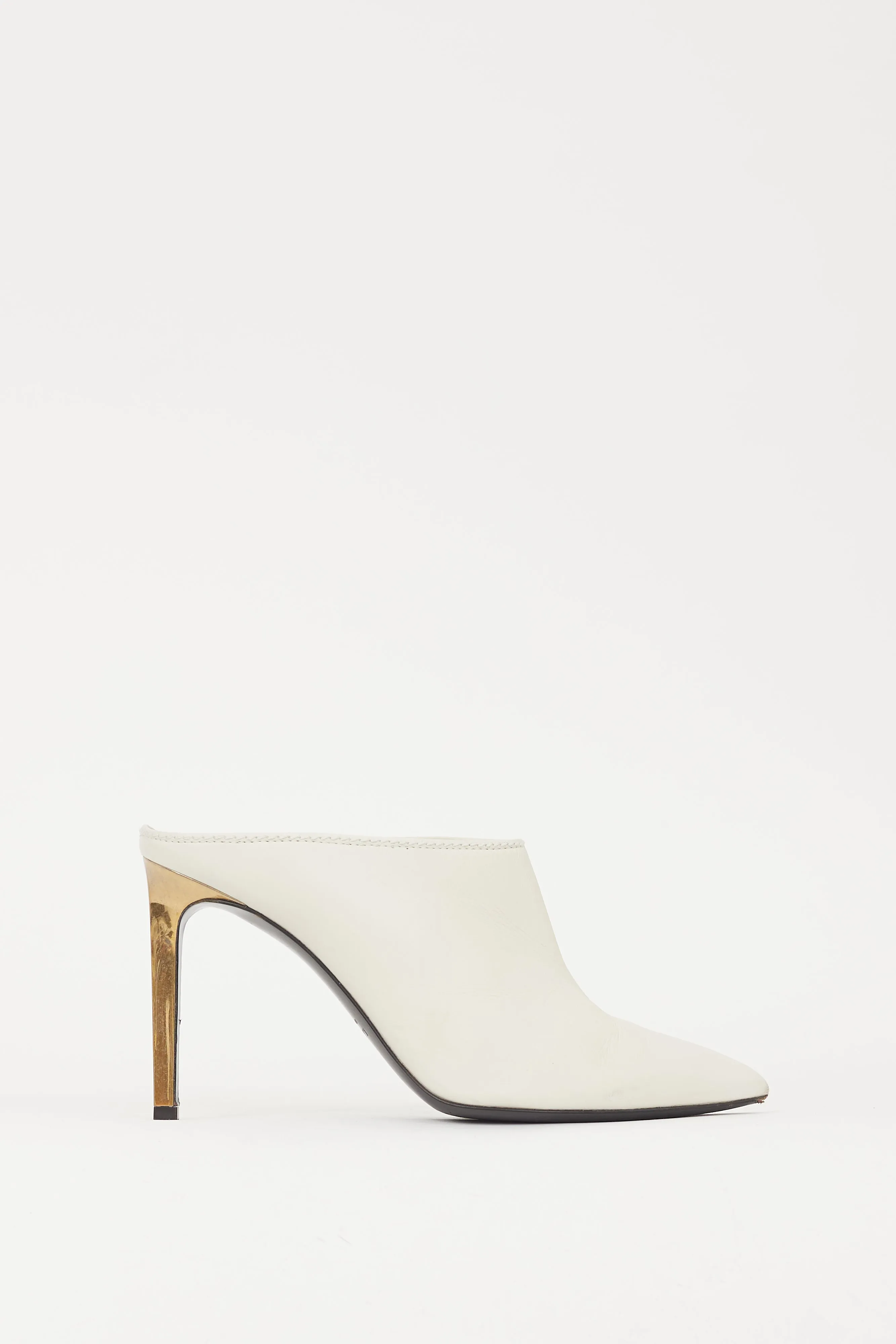 White & Gold Leather Pointed Toe Mule