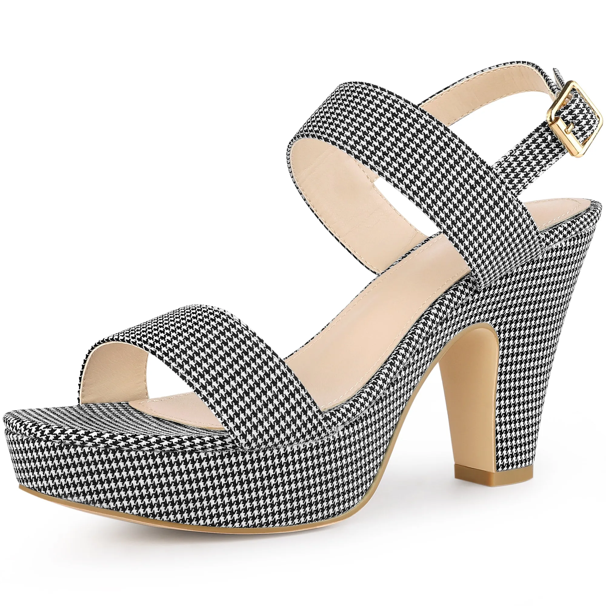 Women's Houndstooth Plaid Print Platform Buckle Chunky High Heel Sandals