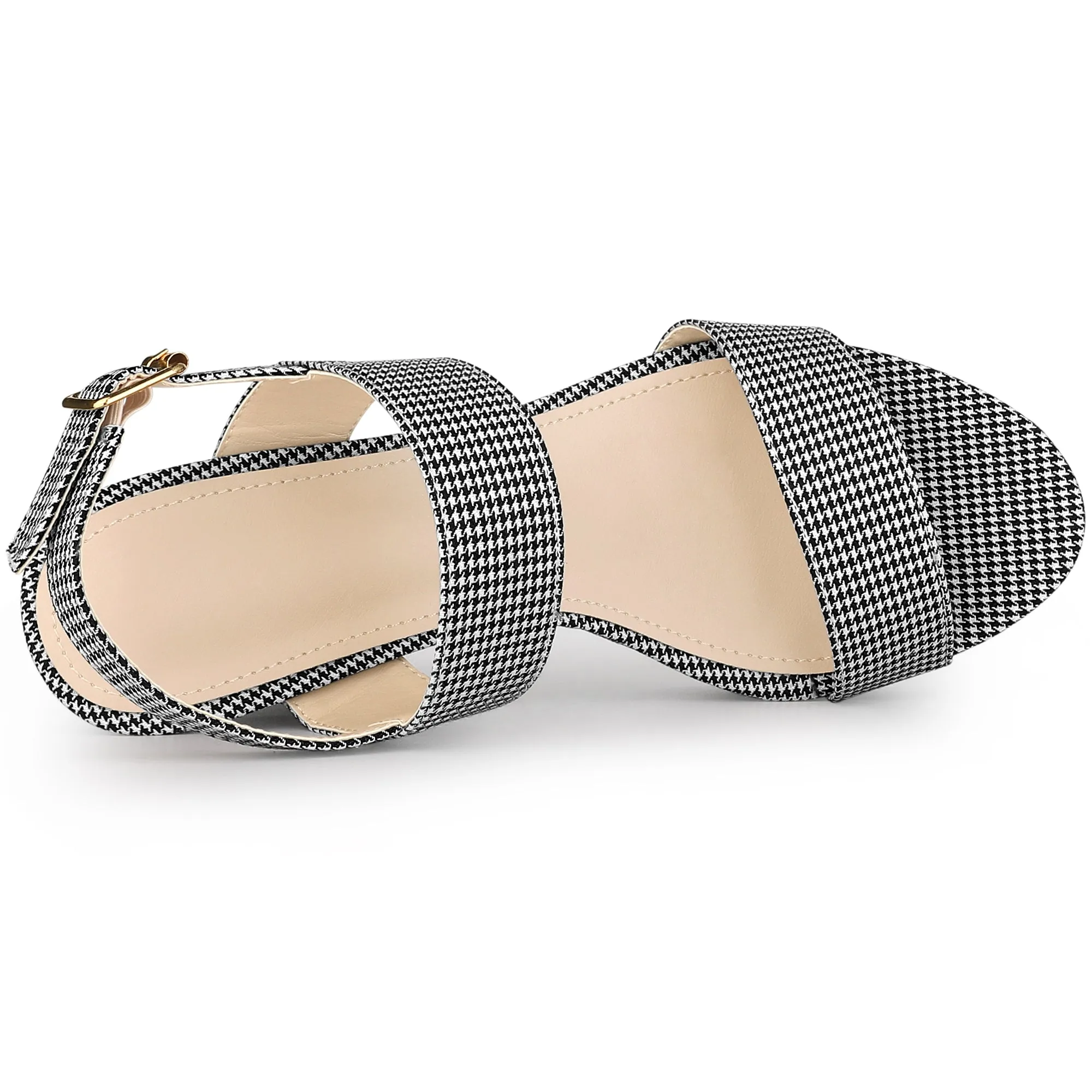 Women's Houndstooth Plaid Print Platform Buckle Chunky High Heel Sandals