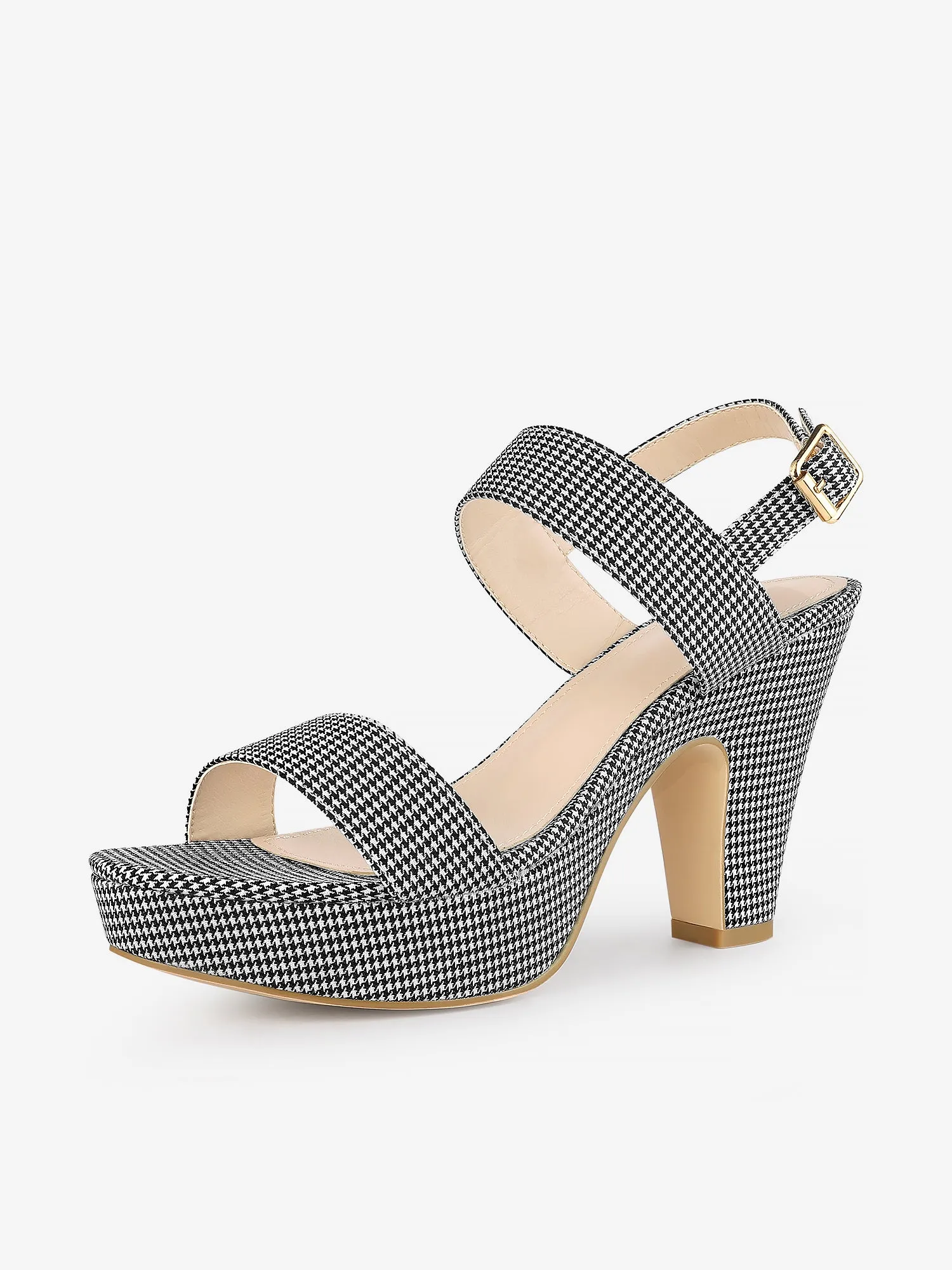 Women's Houndstooth Plaid Print Platform Buckle Chunky High Heel Sandals
