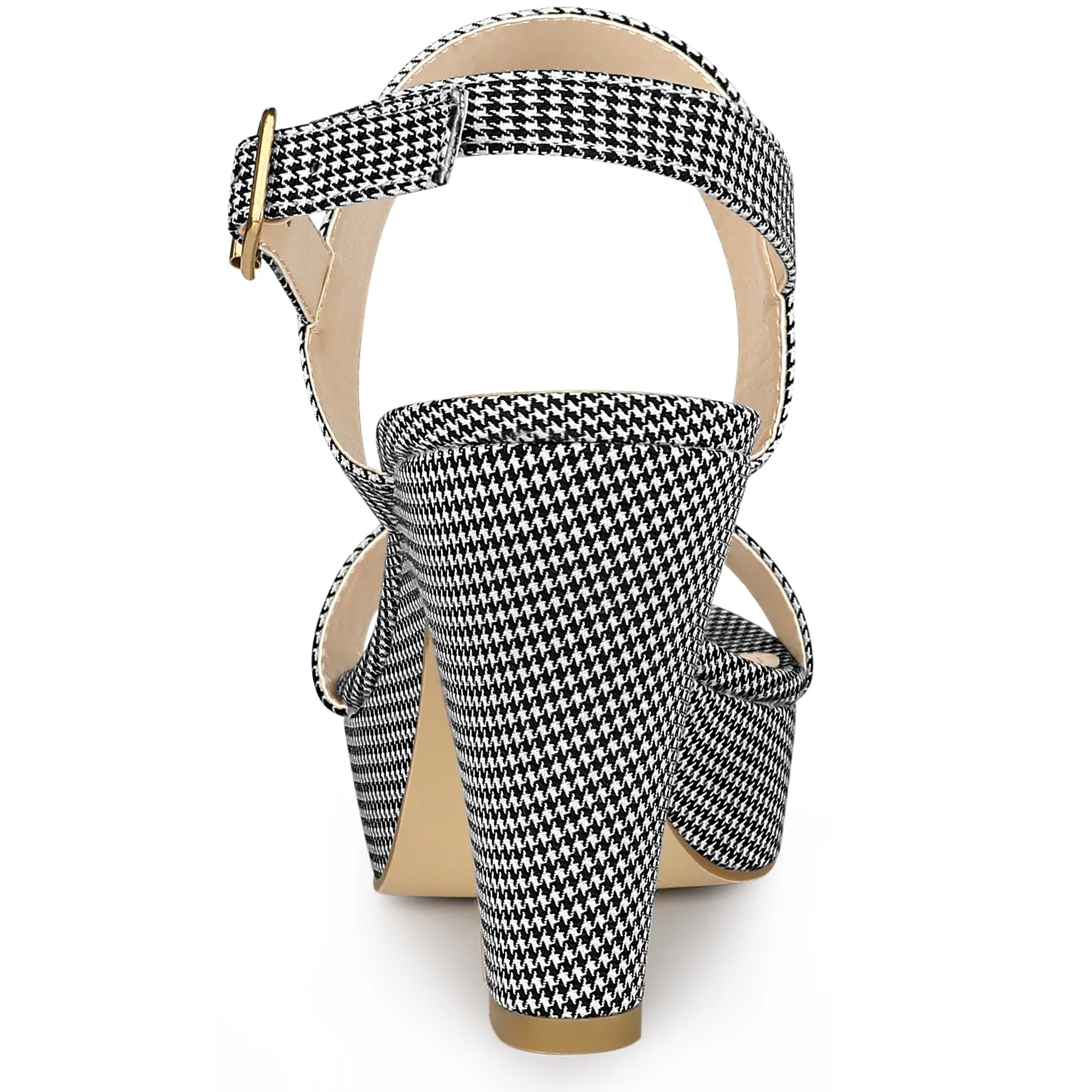 Women's Houndstooth Plaid Print Platform Buckle Chunky High Heel Sandals