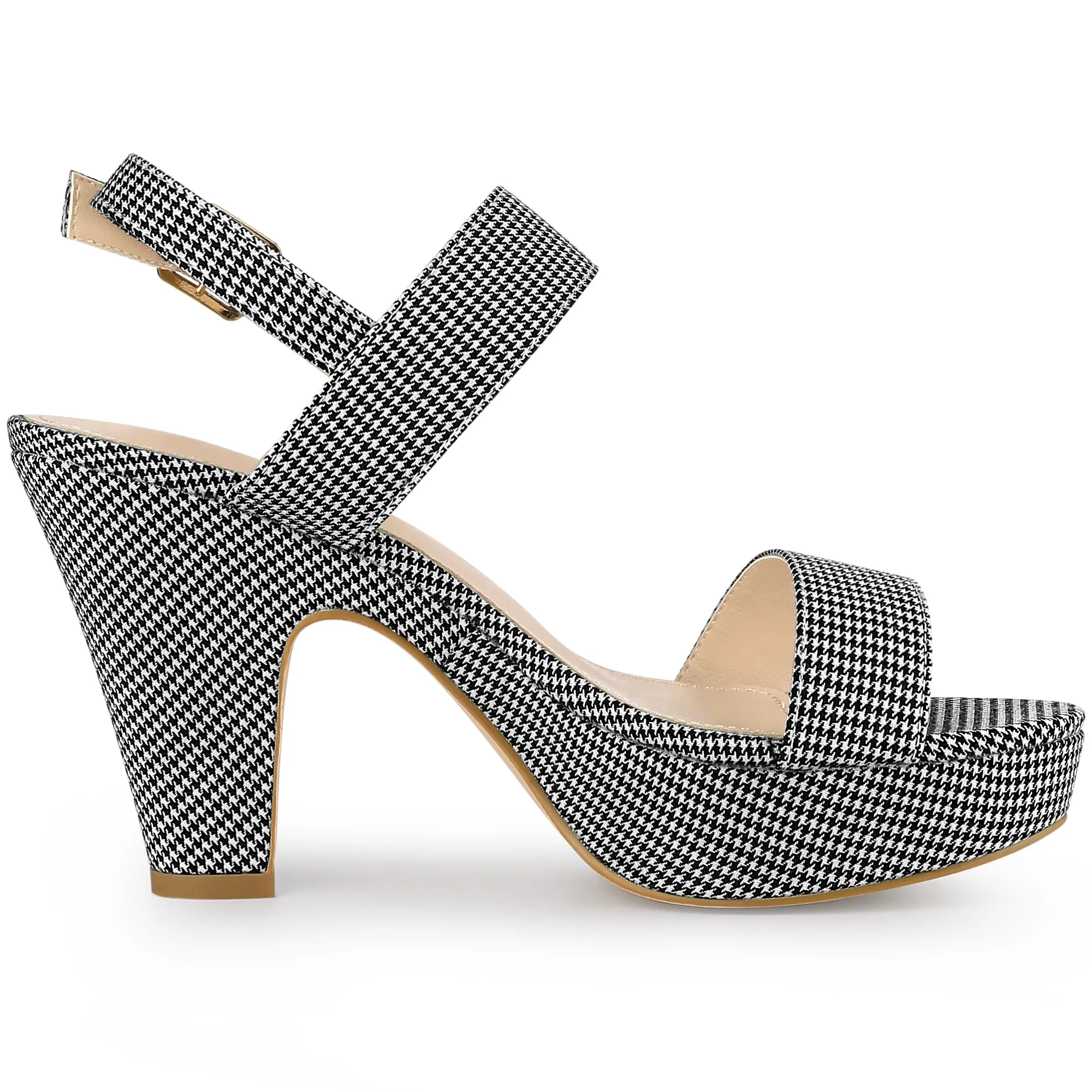 Women's Houndstooth Plaid Print Platform Buckle Chunky High Heel Sandals