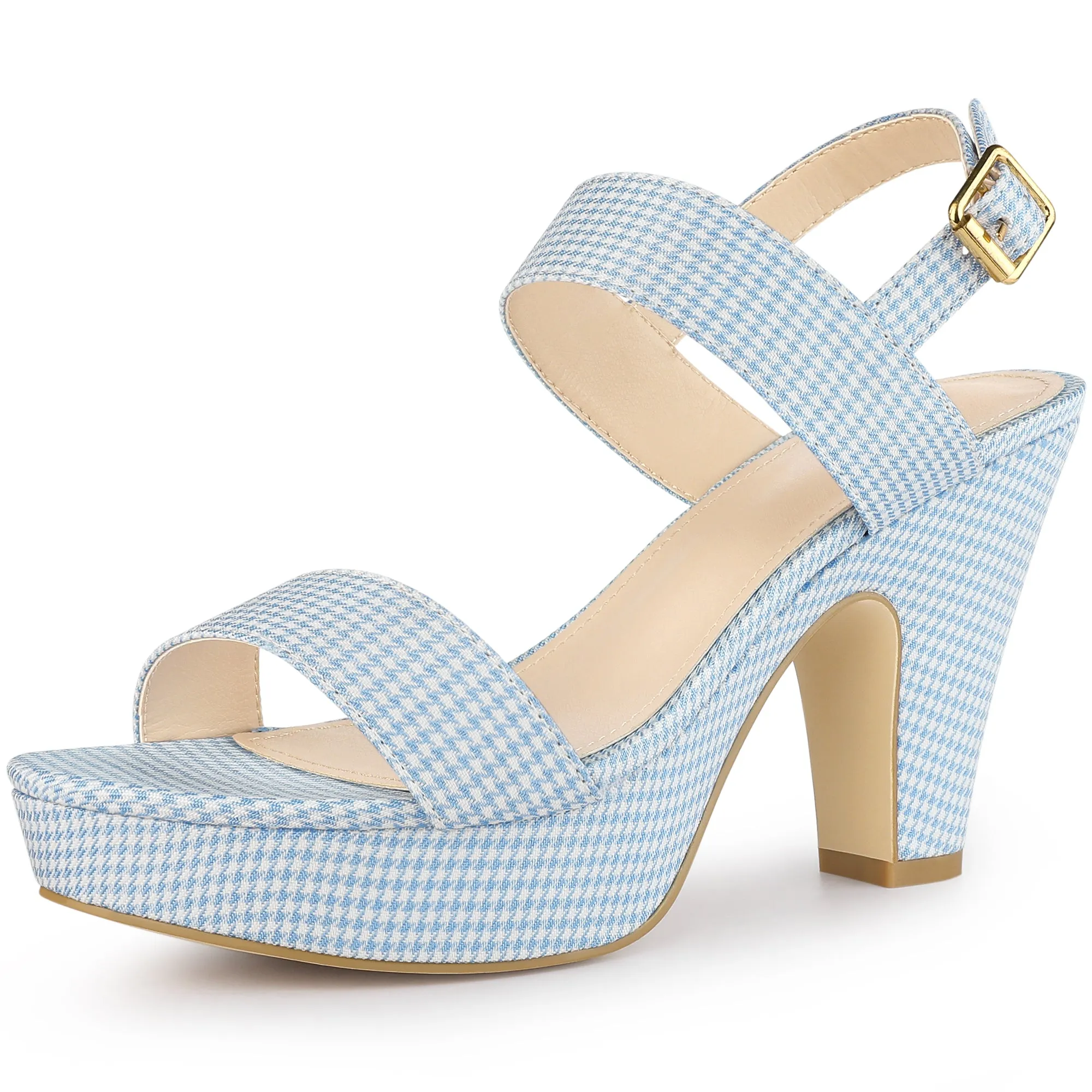 Women's Houndstooth Plaid Print Platform Buckle Chunky High Heel Sandals