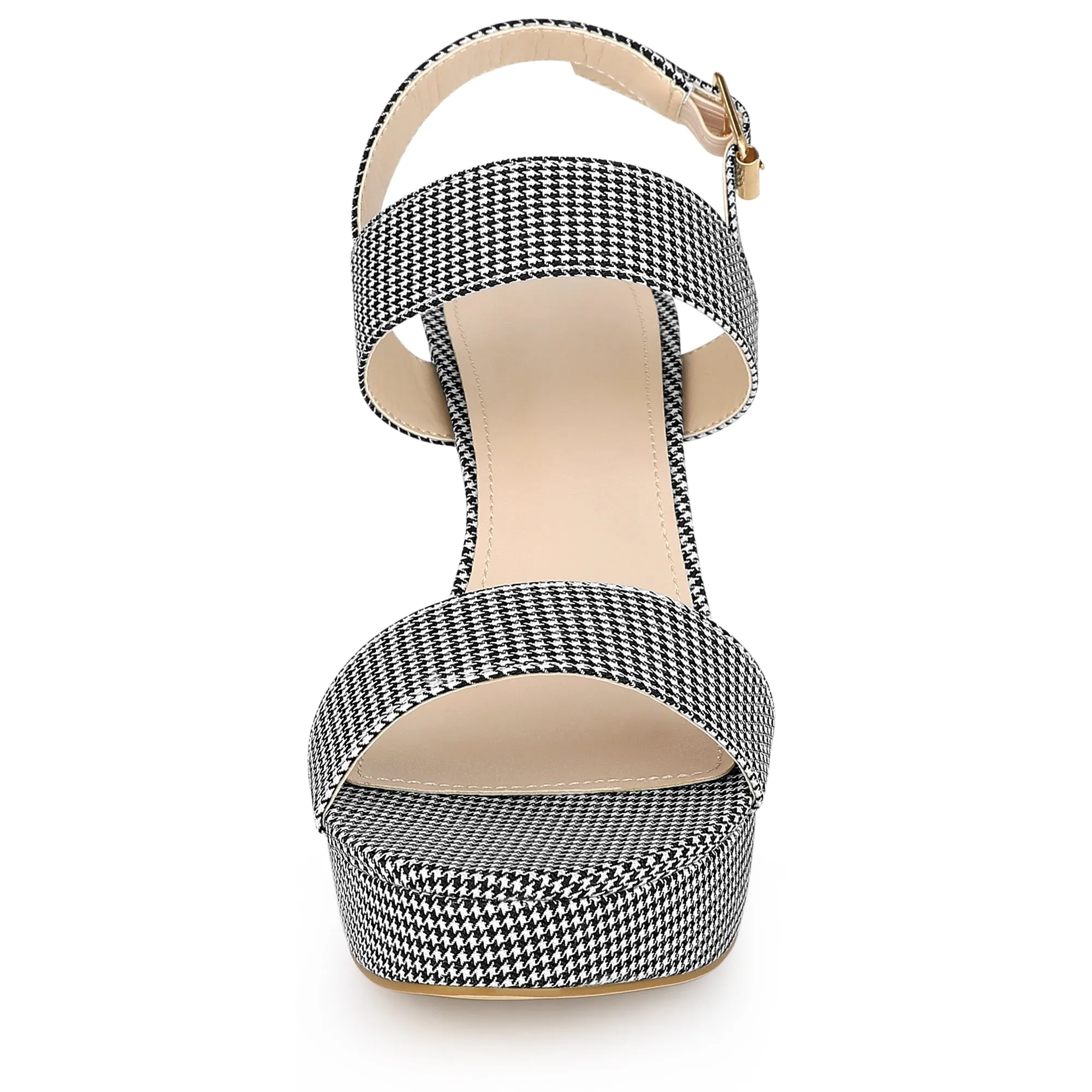 Women's Houndstooth Plaid Print Platform Buckle Chunky High Heel Sandals