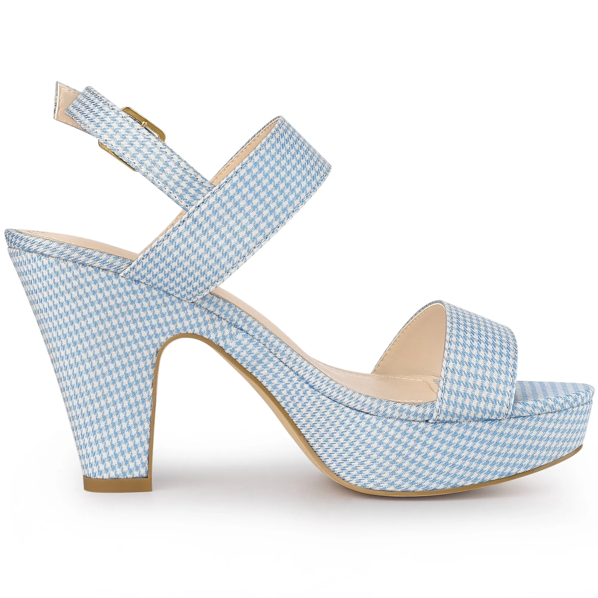 Women's Houndstooth Plaid Print Platform Buckle Chunky High Heel Sandals