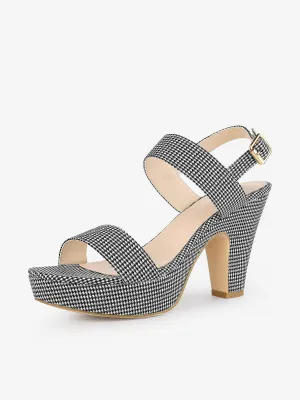 Women's Houndstooth Plaid Print Platform Buckle Chunky High Heel Sandals