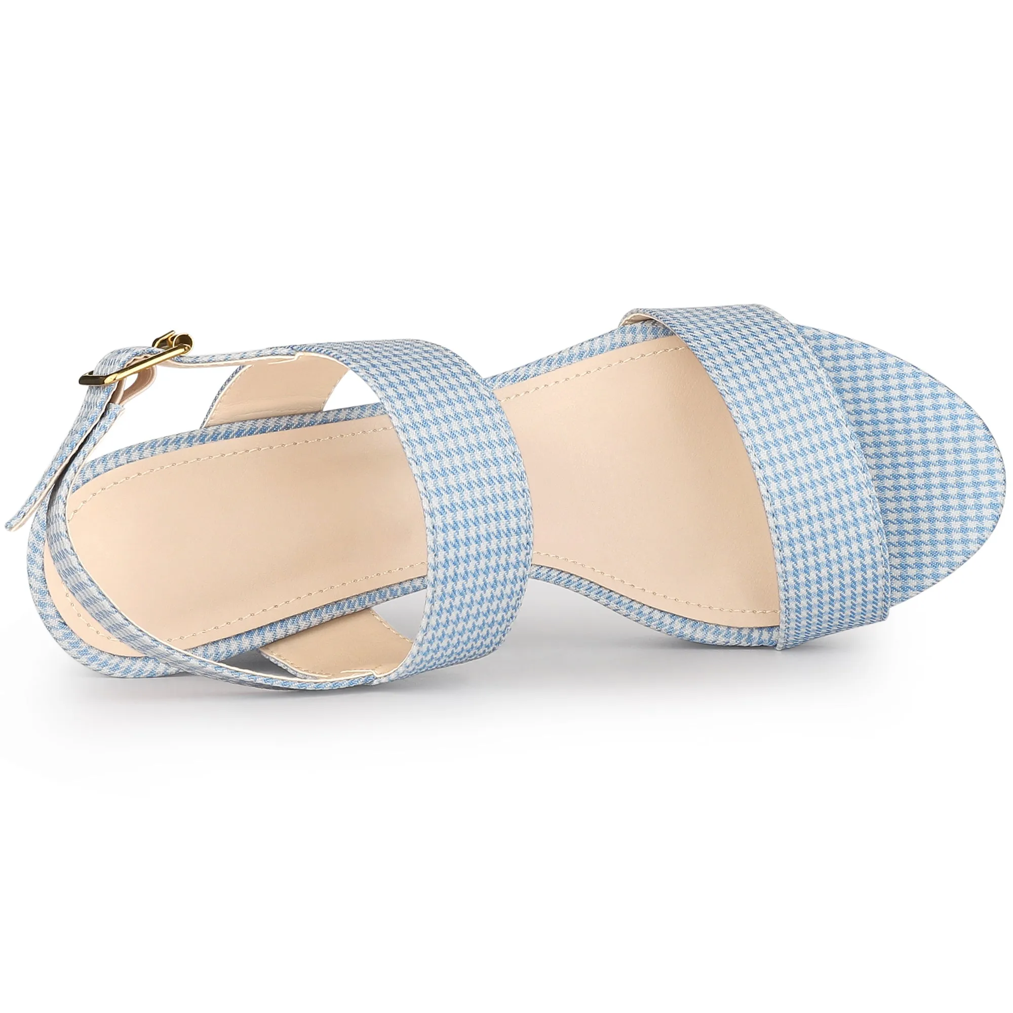 Women's Houndstooth Plaid Print Platform Buckle Chunky High Heel Sandals