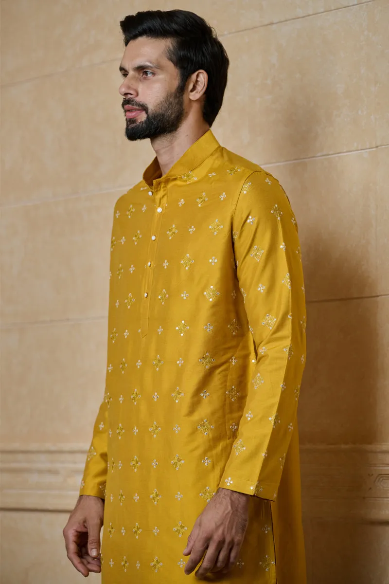 Yellow Embroidered Jacquard Kurta Set